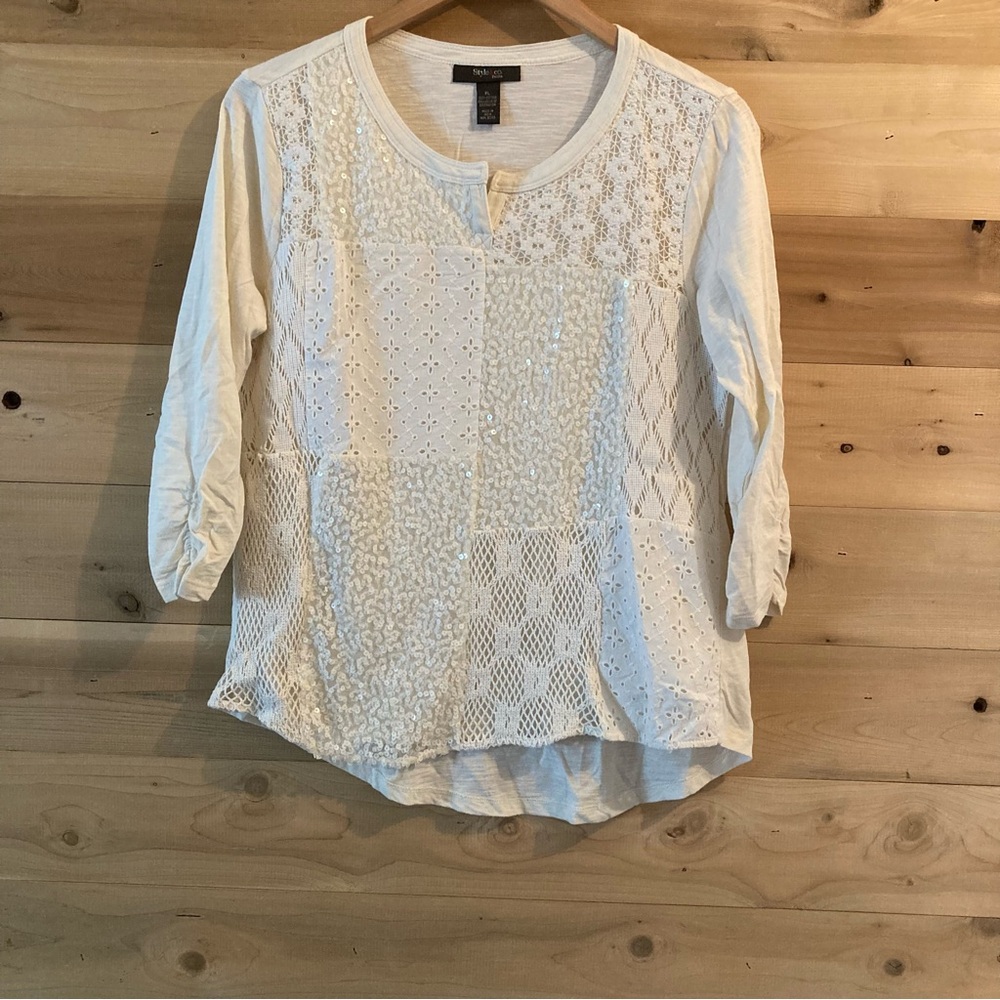 Style & Co. cream crochet, eyelet, and sequin embellished top